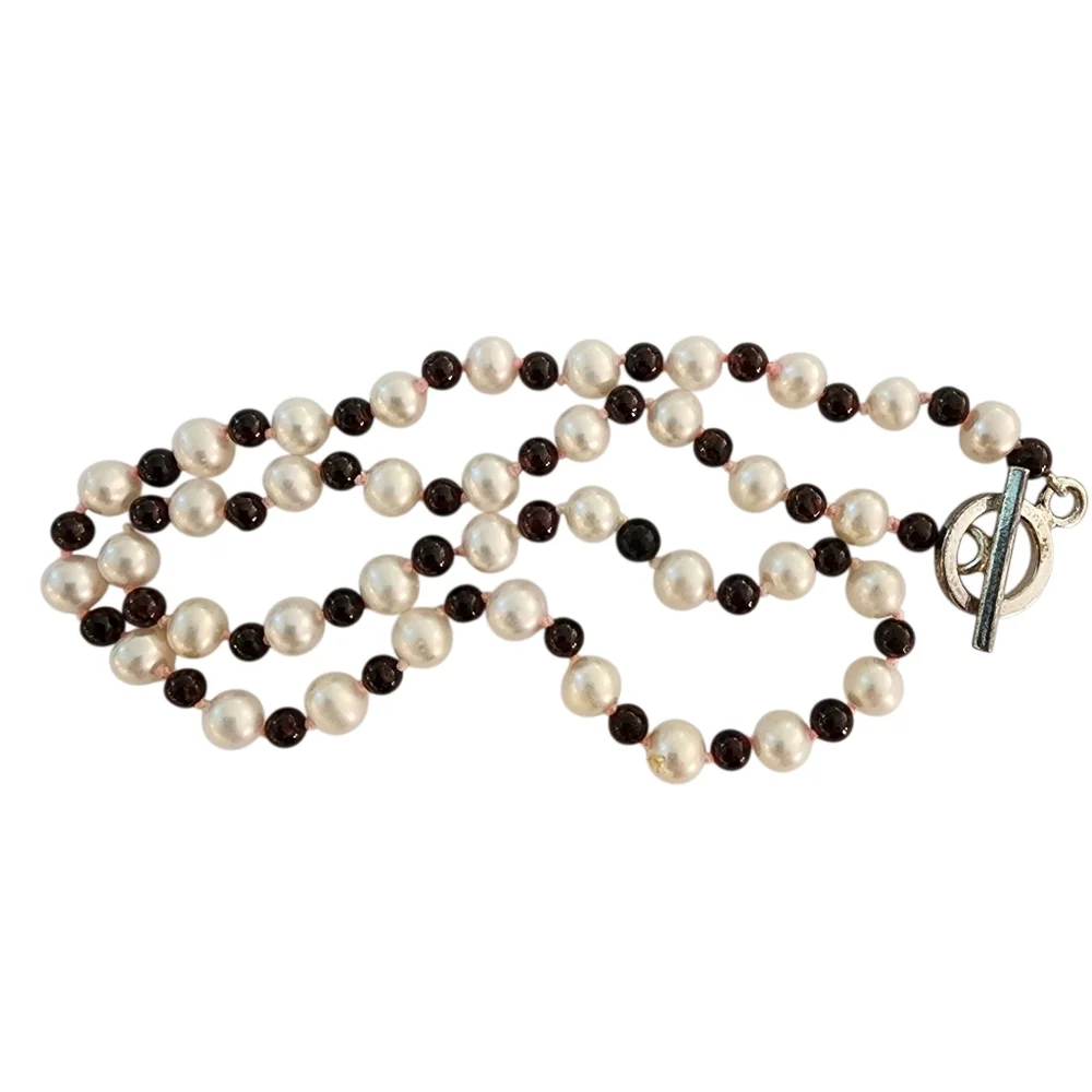 Necklace and bracelet genuine pearls 925 sterling silver garnet hand knotted